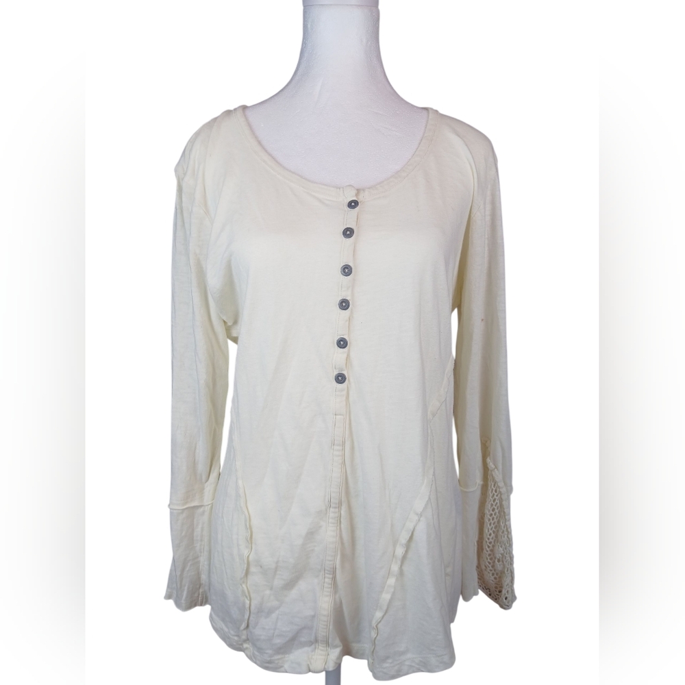 🍂 Mona B Cream Lace Sleeve Button-Up Women's Layering Top Medium